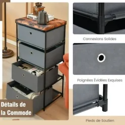 COSTWAY kommode med 4 stofskuffer 42 x 33,5 x 84,5 cm, med metalramme, opbevaringsskuffemøbler til soveværelse, industri, grå