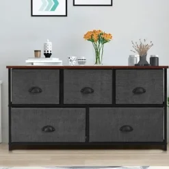 COSTWAY kommode med 5 stofskuffer, opbevaringsenhed til soveværelse, stue, korridorer, indgange, 100 x 30 x 53,5 CM Grå