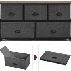 COSTWAY kommode med 5 stofskuffer, opbevaringsenhed til soveværelse, stue, korridorer, indgange, 100 x 30 x 53,5 CM Grå