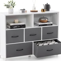 COSTWAY kommode med 5 stofskuffer - 2 åbne hylder - Opbevaringsenhed til soveværelse, stue, entre, indgange, 100 x 30 x 78 cm vit + grå