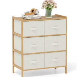 COSTWAY Kommode med 6 stofskuffer og bambusramme, foldbare stofkasser, til skab, stue, entré, 66 x 35 x 78,5 cm Naturlig