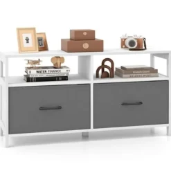 COSTWAY kommode med 2 stofskuffer - 2 åbne hylder - Opbevaringsenhed til soveværelse, stue, entre, indgange, 100 x 30 x 53 cm vit + grå