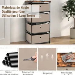 COSTWAY kommode med 4 stofskuffer 42 x 33,5 x 84,5 cm, med metalramme, opbevaringsskuffemøbler til soveværelse, industri, café