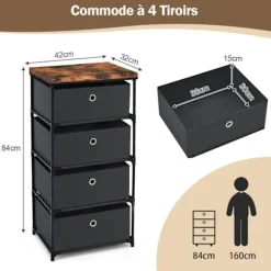 COSTWAY kommode med 4 stofskuffer 42 x 33,5 x 84,5 cm, med metalramme, opbevaringsskuffemøbler til soveværelse, industri, sort Svart