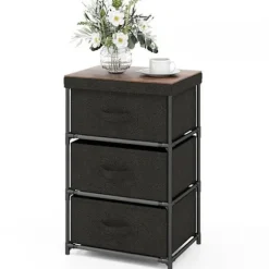 COSTWAY kommode med 3 stofskuffer 48 x 20 x 76 cm, sengebord med metalstel, til soveværelse, industri, sort