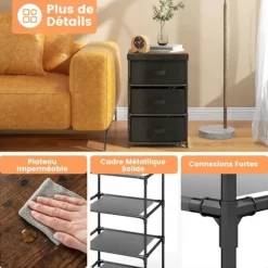 COSTWAY kommode med 3 stofskuffer 48 x 20 x 76 cm, sengebord med metalstel, til soveværelse, industri, sort
