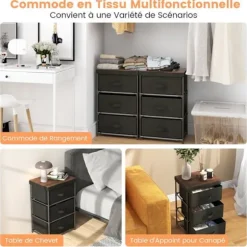 COSTWAY kommode med 3 stofskuffer 48 x 20 x 76 cm, sengebord med metalstel, til soveværelse, industri, sort