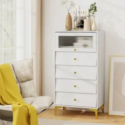 COSTWAY Kommode til Soveværelse med Vippende Glasdør og 4 Skuffe, til Soveværelse, Stue, 60x40x112,5 cm, Hvid Vit