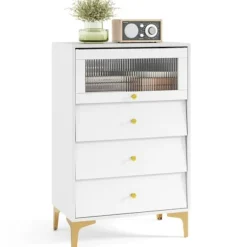 COSTWAY Kommode til Værelset med Stribet Glasdør, Vippende og 4 Skuffer, til Værelse, Stue, 60x40x95,5 cm, Hvid Vit