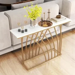 COSTWAY konsol entrémøbler, marmoreffekt - 120 x 30 x 80 CM - Skandinavisk konsolbord med guld metalramme til entre, stue vitt och guld