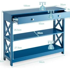 COSTWAY konsol, indgangsenhed - 100 x 30 x 80 CM - 1 skuffe og 2 opbevaringshylder til entre, stue blå