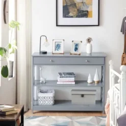 COSTWAY konsol, indgangsenhed - 100 x 30 x 80 CM - 1 skuffe og 2 opbevaringshylder til entre, stue grå Vit