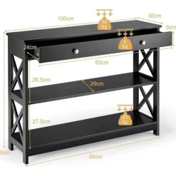 COSTWAY konsol, indgangsenhed - 100 x 30 x 80 CM - 1 skuffe og 2 opbevaringshylder til entre, stue sort