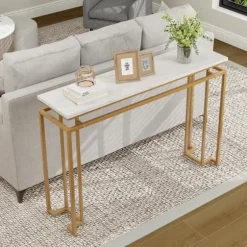 COSTWAY Konsol indgangsmøbler, marmoreffekt - 120 x 30 x 80,5 CM - Skandinavisk konsolbord Guld Metalstel til entre, stue vitt och guld
