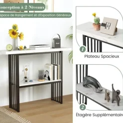COSTWAY Konsol Møbel til Entré i 2 Etager med Marmorprint, Metalramme, 120 x 29,5 x 92,5 cm (L x B x H), Hvid + Sort vit svart