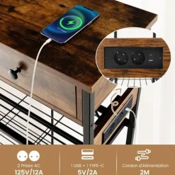COSTWAY konsolbord - 2 USB-porte (5V-2A) og 2 3-hullers stik - industriel stil, 2 skuffer, 2 hylder Brun kastanj