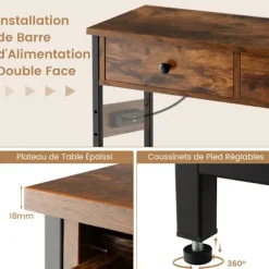 COSTWAY konsolbord - 2 USB-porte (5V-2A) og 2 3-hullers stik - industriel stil, 2 skuffer, 2 hylder Brun kastanj