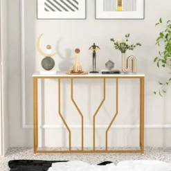 COSTWAY Konsolbord, Entré Møbel Marmor Effekt 110 x 30 x 80 CM Moderne Geometrisk Design Guld Metalramme vitt och guld
