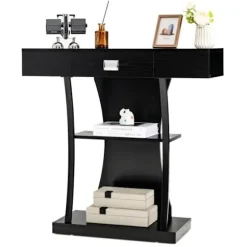 COSTWAY Konsolbord, Entrémøbel - 3 Hylder, 1 Skuffe - L91 x P30 x H88 - Sort Skandinavisk Stil