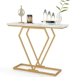 COSTWAY Konsolbord i imiteret marmor, tipsikring, sidebord til entré i stuen, hvid og guld Vitt och guld