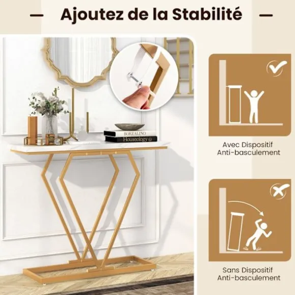COSTWAY Konsolbord i imiteret marmor, tipsikring, sidebord til entré i stuen, hvid og guld Vitt och guld