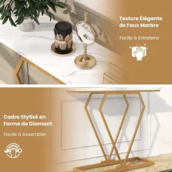 COSTWAY Konsolbord i imiteret marmor, tipsikring, sidebord til entré i stuen, hvid og guld Vitt och guld