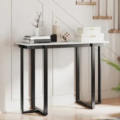 COSTWAY Konsolbord i Marmor-look, Geometrisk Metalstruktur 107 x 40 x 79,5 cm til Stue, Gang (Sort)