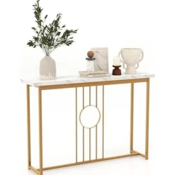 COSTWAY konsolbord, indgangsmøbler med marmoreffekt 120 x 30 x 80,5 CM (L x B x H) - Metalstel i guld, skandinavisk stil vitt och guld