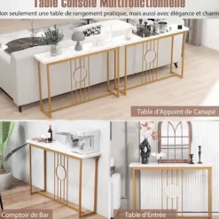 COSTWAY konsolbord, indgangsmøbler med marmoreffekt 120 x 30 x 80,5 CM (L x B x H) - Metalstel i guld, skandinavisk stil vitt och guld