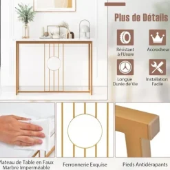 COSTWAY konsolbord, indgangsmøbler med marmoreffekt 120 x 30 x 80,5 CM (L x B x H) - Metalstel i guld, skandinavisk stil vitt och guld