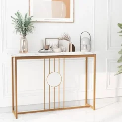 COSTWAY konsolbord, indgangsmøbler med marmoreffekt 120 x 30 x 80,5 CM (L x B x H) - Metalstel i guld, skandinavisk stil vitt och guld