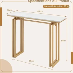 COSTWAY konsolbord, marmoreffekt - 110 x 30 x 81 CM, gangmøbler i skandinavisk stil, metalstel i guld vitt och guld