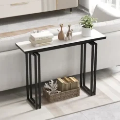 COSTWAY konsolbord, marmoreffekt - 110 x 30 x 81 CM, entremøbler i skandinavisk stil, sort metalstel Vit och svart