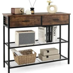 COSTWAY Konsolbord med 2 niveauer, 2 skuffer - 100 x 30 x 81,5 CM, Industrielt design. Metalramme, Rustik Brun Entrémøbel