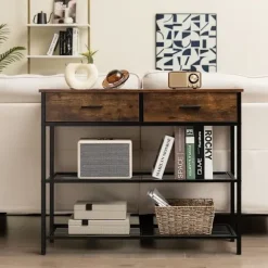 COSTWAY Konsolbord med 2 niveauer, 2 skuffer - 100 x 30 x 81,5 CM, Industrielt design. Metalramme, Rustik Brun Entrémøbel