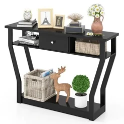 COSTWAY konsolbord med 1 skuffe og 2 opbevaringsrum, Country Style, Sort Svart