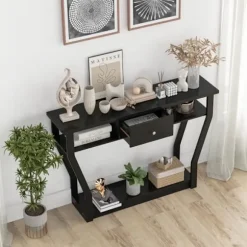 COSTWAY konsolbord med 1 skuffe og 2 opbevaringsrum, Country Style, Sort Svart