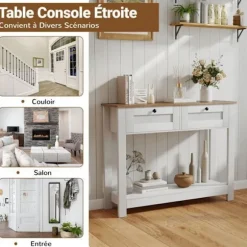 COSTWAY Konsolbord-106 x 30 x 81,5 cm (L x b x H) - 2 Skuffer og 1 Hylde, Smalt Entré Bord, Landlig Stil Natur + Vit