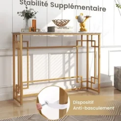 COSTWAY Konsolentrémøbler, marmoreffekt - 110 x 30 x 81 CM - Konsolbord i kinesisk stil i guldmetalramme til entre, stue Vitt och guld