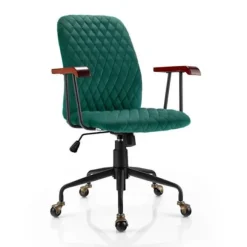 COSTWAY Kontorstol med Hjul i Elegant Vintage Style Velvet, Justerbar Drejestol Grøn Grön