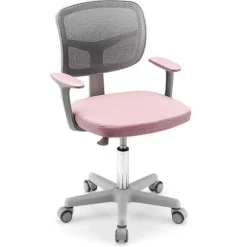 COSTWAY kontorstol til børn med hjul, lændestøtte, drejeligt sæde, justerbar højde 80 - 91,5 CM 3 -10 år Pink Rosa och grå
