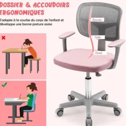 COSTWAY kontorstol til børn med hjul, lændestøtte, drejeligt sæde, justerbar højde 80 - 91,5 CM 3 -10 år Pink Rosa och grå