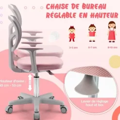COSTWAY kontorstol til børn med hjul, lændestøtte, drejeligt sæde, justerbar højde 80 - 91,5 CM 3 -10 år Pink Rosa och grå