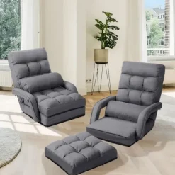 COSTWAY Konvertibel Stol 1 Plads, Sovesofa 5 Positioner Justerbar med Pude, til Stue / Kontor / Værelse Grå Grå