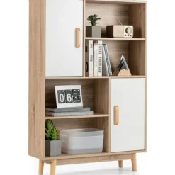 COSTWAY 4-lags bogreol 80 x 24 x 120 CM, opbevaringsenhed med døre, hylder og anti-vippeenhed, hvid Naturlig