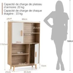 COSTWAY 4-lags bogreol 80 x 24 x 120 CM, opbevaringsenhed med døre, hylder og anti-vippeenhed, hvid Naturlig