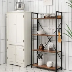 COSTWAY 4-lags industriel reol, 64 x 24 x 110 CM, opbevaringshylde med justerbare kroge/fodpuder Kaffe