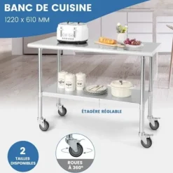 COSTWAY 2-lags køkkenbordplade i rustfrit stål på hjul med justerbar nederste hylde Max belastning 250 kg
