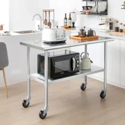 COSTWAY 2-lags køkkenbordplade i rustfrit stål på hjul med justerbar nederste hylde Max belastning 250 kg