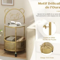 COSTWAY 2-lags mobilt sofabord i glas, bjørnedesign, opbevaringskurv, metalstel til stue, soveværelse, guld